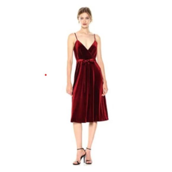 ALI & JAY Red Velvet Faux Wrap Midi Dress - Picture 1 of 6